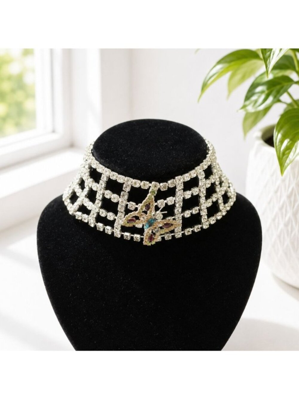 Vintage Rhinestone Choker Necklace With Butterfly Accent Open Grid Design Adjust